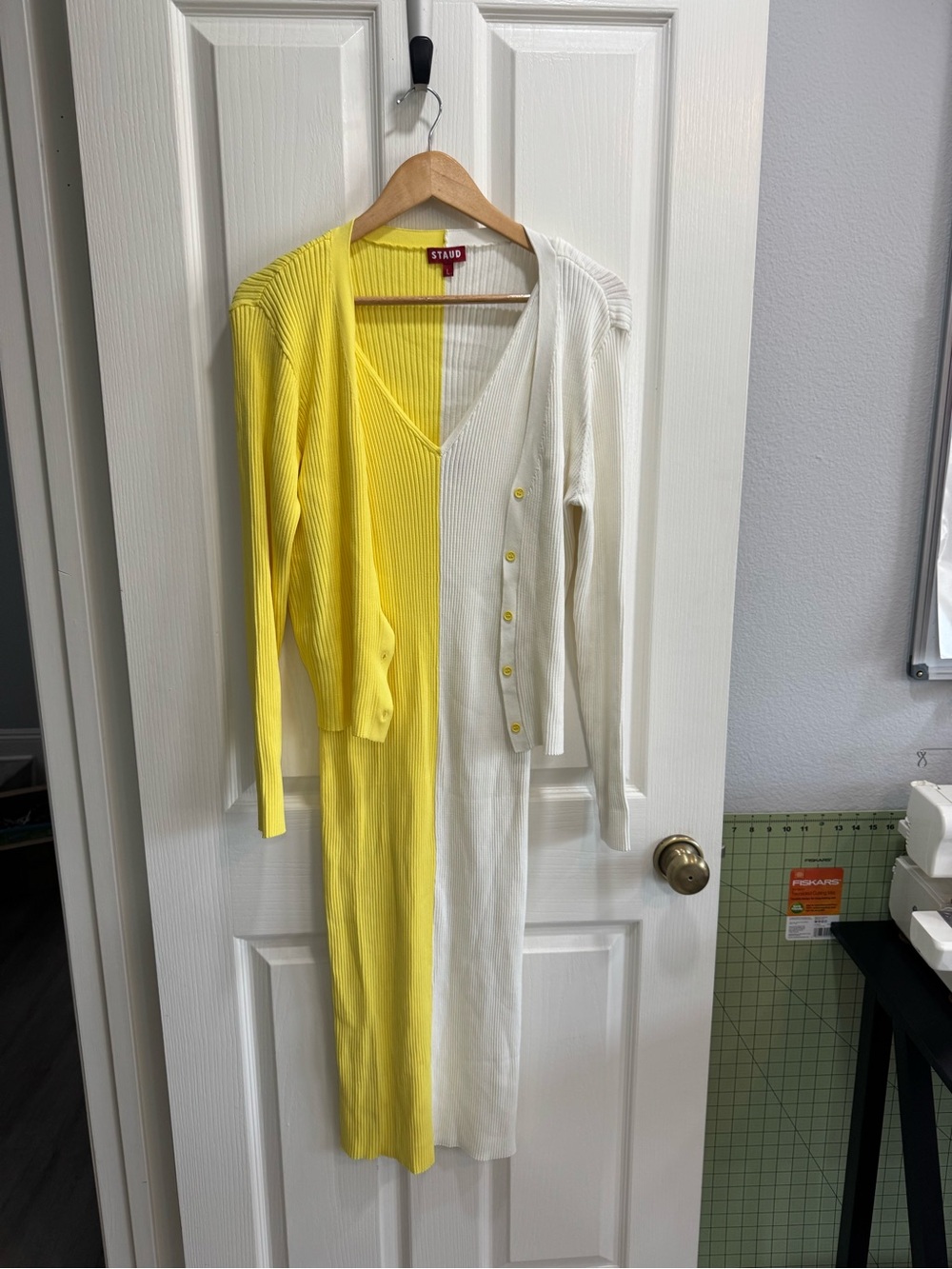 STAUD Two-Tone Yellow & White Ribbed Midi Dress and cardigan